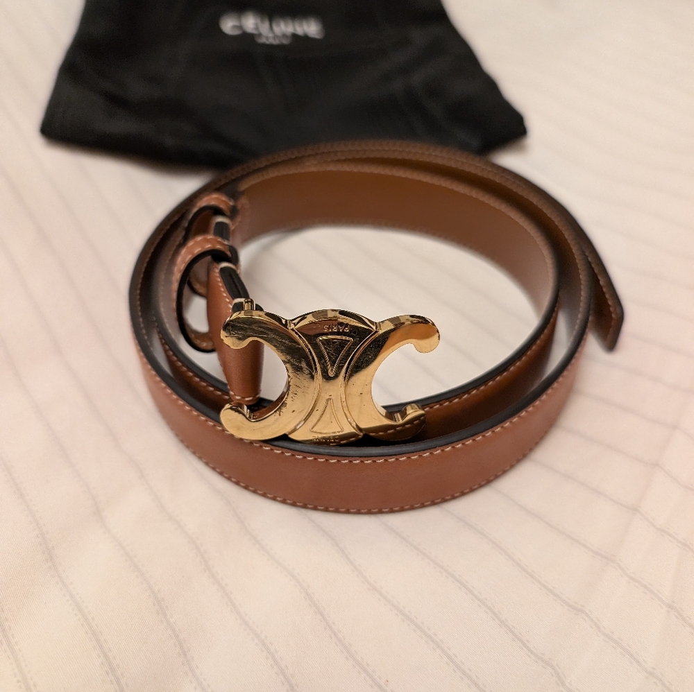Celine Tan Leather Belt with Gold Buckle